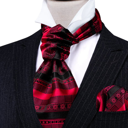 Black Red Novelty Ascot, Pocket Square and Cufflinks ascot    - Sophisticated Gentlemen