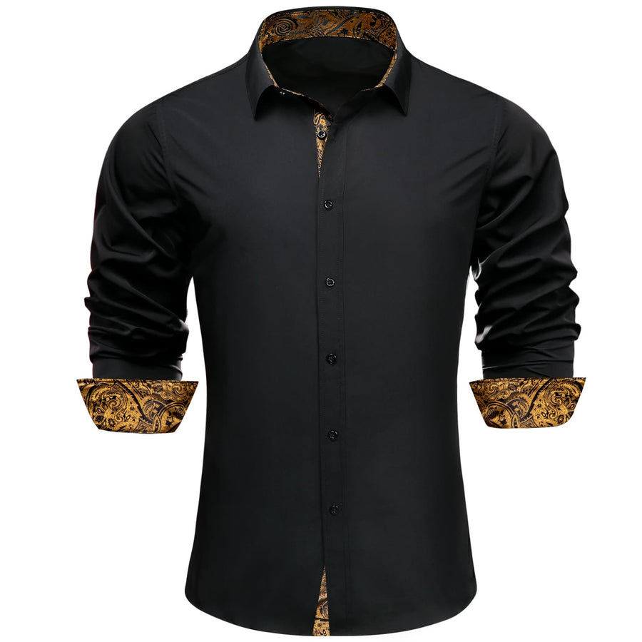 Black Solid Splicing Gold Paisley Silk Dress Shirt shirt S   - Sophisticated Gentlemen