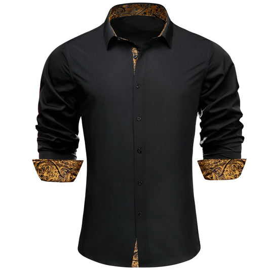 Black Solid Splicing Gold Paisley Silk Dress Shirt shirt S   - Sophisticated Gentlemen