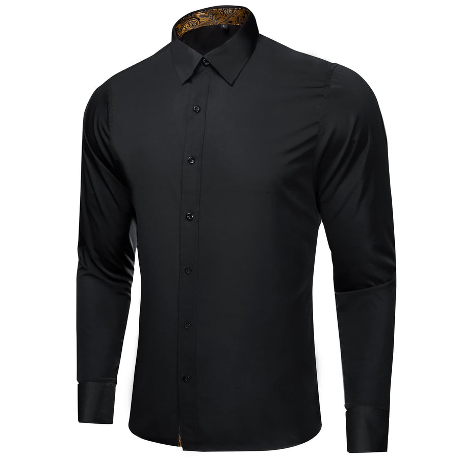 Black Solid Splicing Gold Paisley Silk Dress Shirt shirt    - Sophisticated Gentlemen