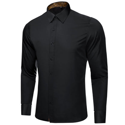Black Solid Splicing Gold Paisley Silk Dress Shirt shirt    - Sophisticated Gentlemen