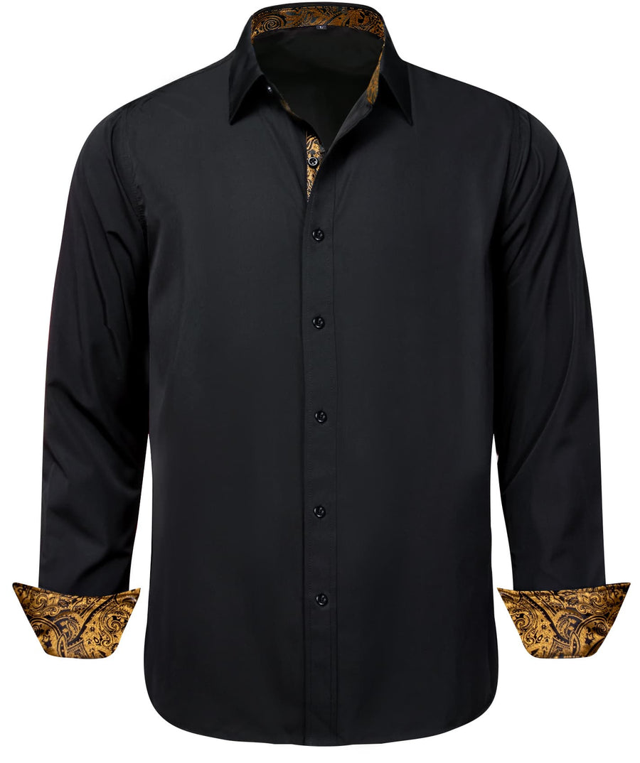 Black Solid Splicing Gold Paisley Silk Dress Shirt shirt    - Sophisticated Gentlemen