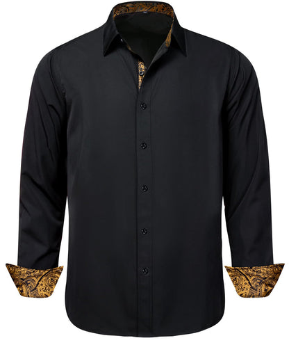 Black Solid Splicing Gold Paisley Silk Dress Shirt shirt    - Sophisticated Gentlemen