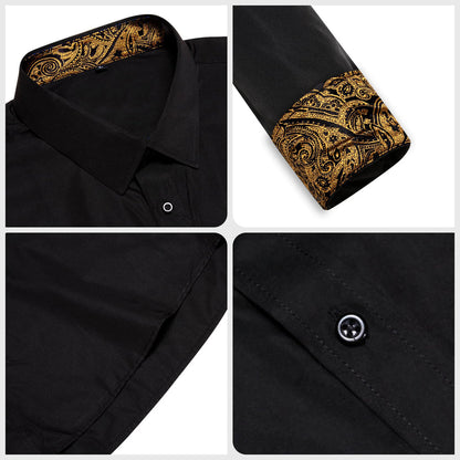 Black Solid Splicing Gold Paisley Silk Dress Shirt shirt    - Sophisticated Gentlemen