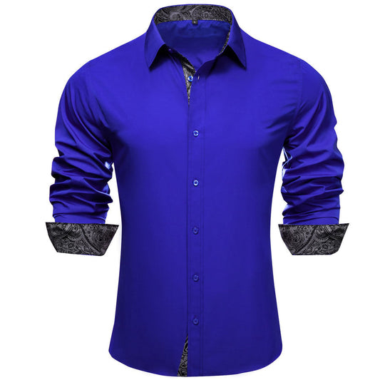 Cobalt Blue Solid Splicing Gray Paisley Silk Dress Shirt shirt S   - Sophisticated Gentlemen