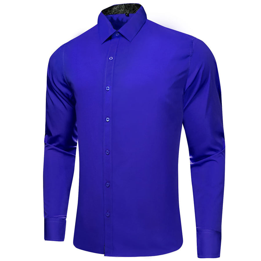 Cobalt Blue Solid Splicing Gray Paisley Silk Dress Shirt shirt    - Sophisticated Gentlemen