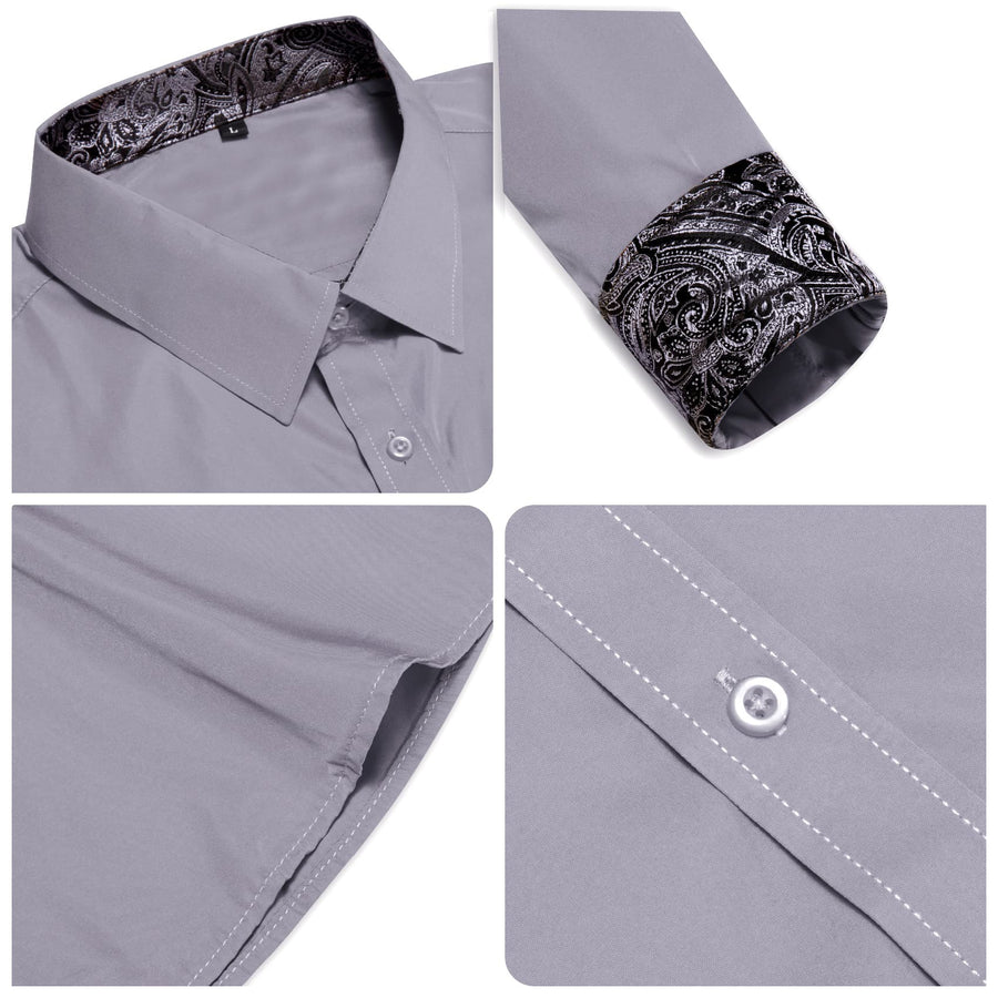 Gray Solid Splicing Paisley Silk Dress Shirt shirt    - Sophisticated Gentlemen