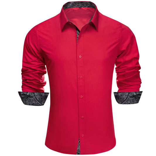 Red Solid Splicing Black Paisley Silk Dress Shirt shirt S   - Sophisticated Gentlemen