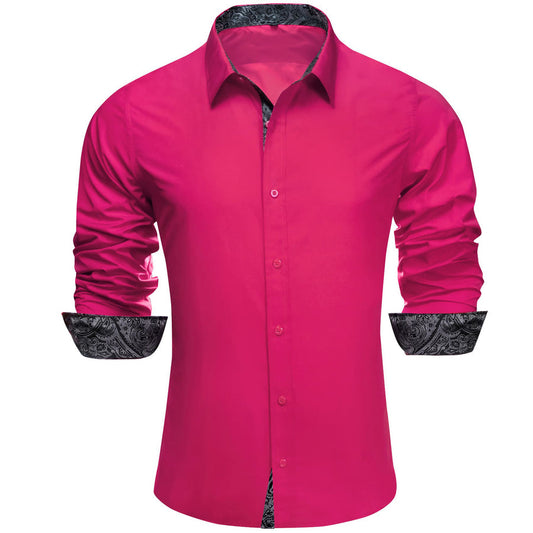 Hot Pink Solid Splicing Paisley Silk Dress Shirt shirt S   - Sophisticated Gentlemen