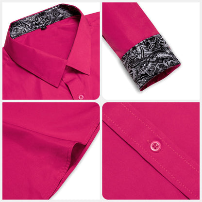 Hot Pink Solid Splicing Paisley Silk Dress Shirt shirt    - Sophisticated Gentlemen