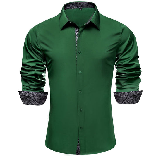 Green Solid Splicing Paisley Silk Dress Shirt shirt S   - Sophisticated Gentlemen