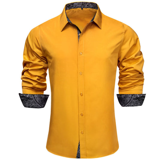 Yellow Solid Splicing Paisley Silk Dress Shirt shirt S   - Sophisticated Gentlemen