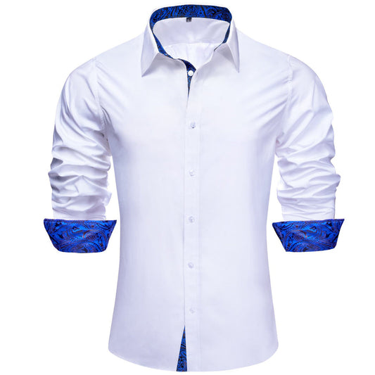 White Solid Splicing Blue Paisley Silk Dress Shirt shirt S   - Sophisticated Gentlemen