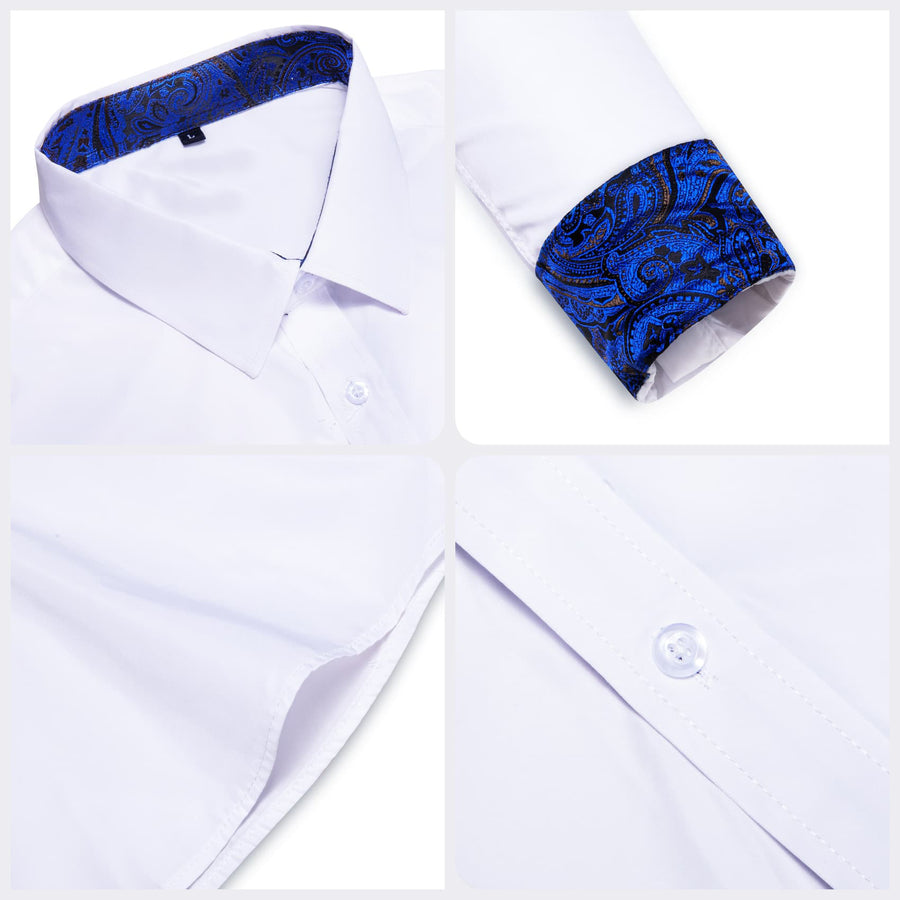 White Solid Splicing Blue Paisley Silk Dress Shirt shirt    - Sophisticated Gentlemen