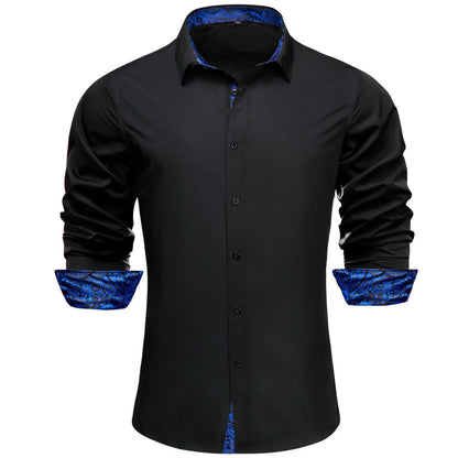 Black Solid Splicing Blue Paisley Silk Dress Shirt shirt S   - Sophisticated Gentlemen