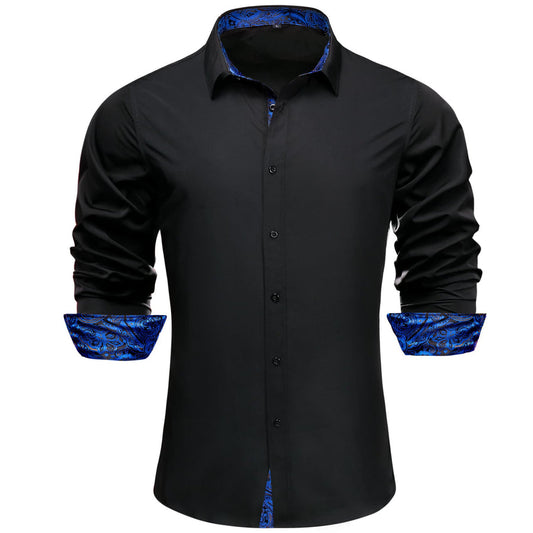 Black Solid Splicing Blue Paisley Silk Dress Shirt shirt S   - Sophisticated Gentlemen