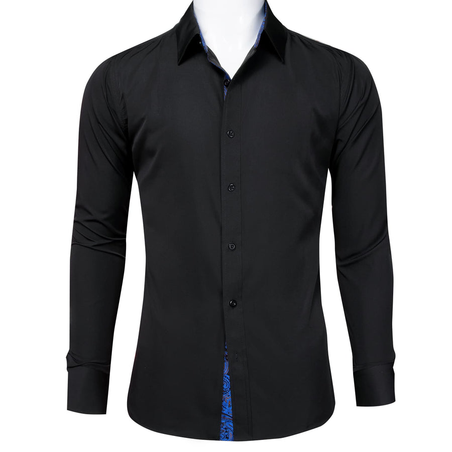 Black Solid Splicing Blue Paisley Silk Dress Shirt shirt    - Sophisticated Gentlemen
