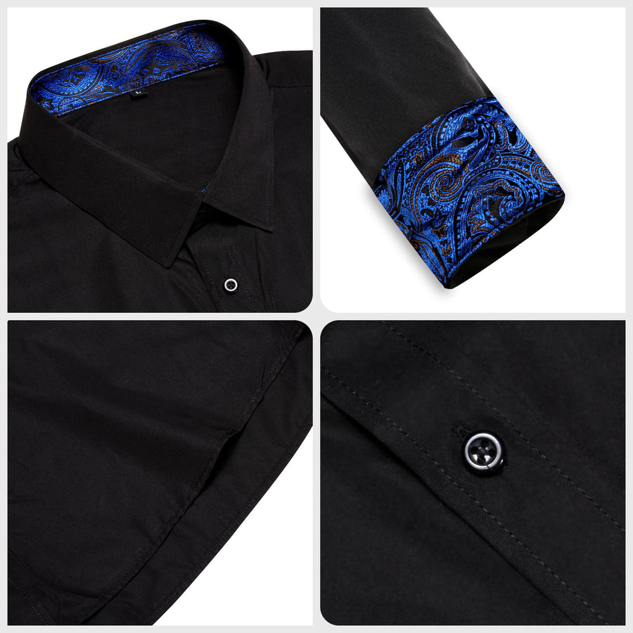 Black Solid Splicing Blue Paisley Silk Dress Shirt shirt    - Sophisticated Gentlemen