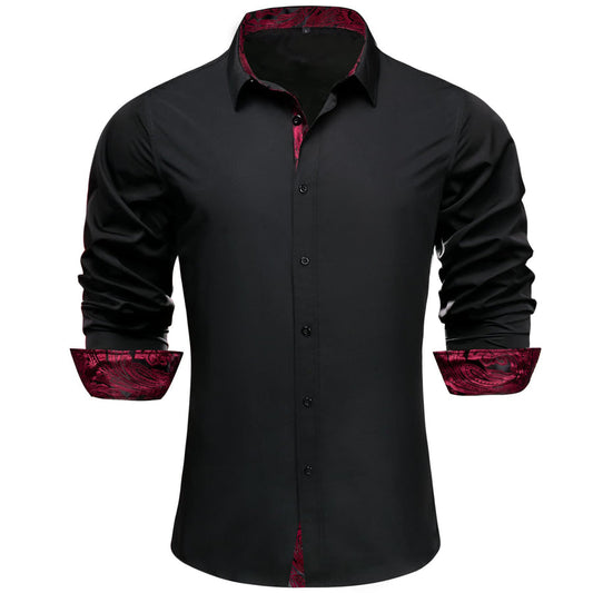 Black Solid Splicing Paisley Dress Shirt shirt S   - Sophisticated Gentlemen