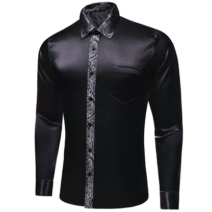 Black Solid Splicing Gray Paisley Dress Shirt shirt S   - Sophisticated Gentlemen