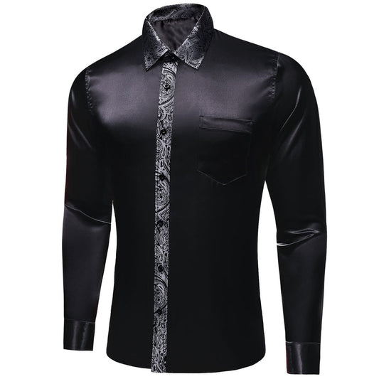 Black Solid Splicing Gray Paisley Dress Shirt shirt S   - Sophisticated Gentlemen