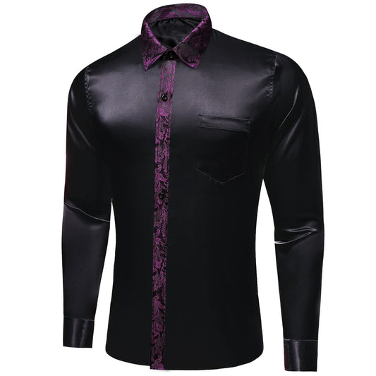 Black Solid Splicing Purple Paisley Dress Shirt shirt S   - Sophisticated Gentlemen