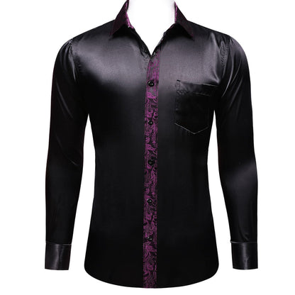 Black Solid Splicing Purple Paisley Dress Shirt shirt    - Sophisticated Gentlemen