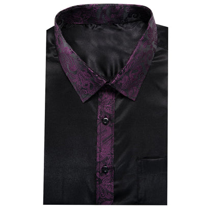 Black Solid Splicing Purple Paisley Dress Shirt shirt    - Sophisticated Gentlemen