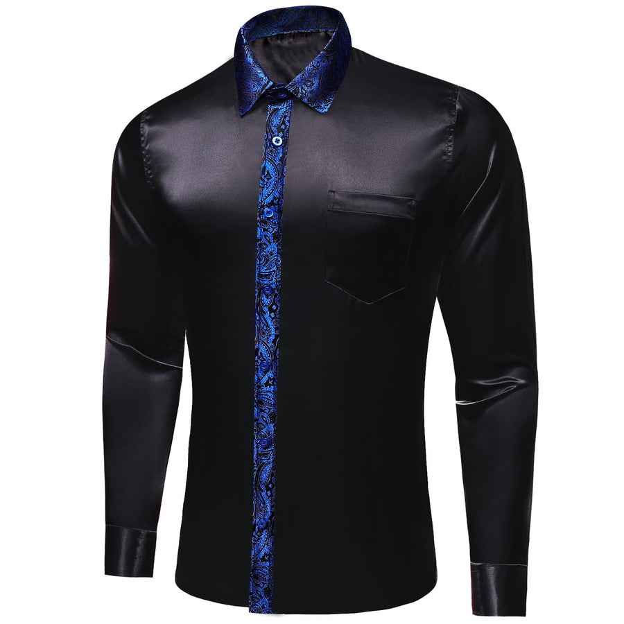 Black Solid Splicing Navy Blue Paisley Dress Shirt shirt S   - Sophisticated Gentlemen