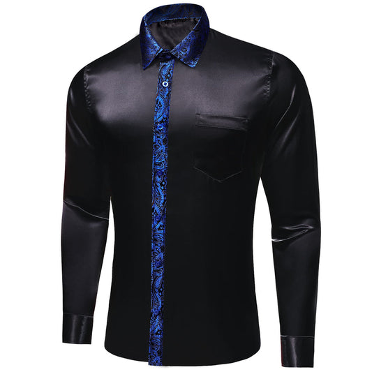 Black Solid Splicing Navy Blue Paisley Dress Shirt shirt S   - Sophisticated Gentlemen