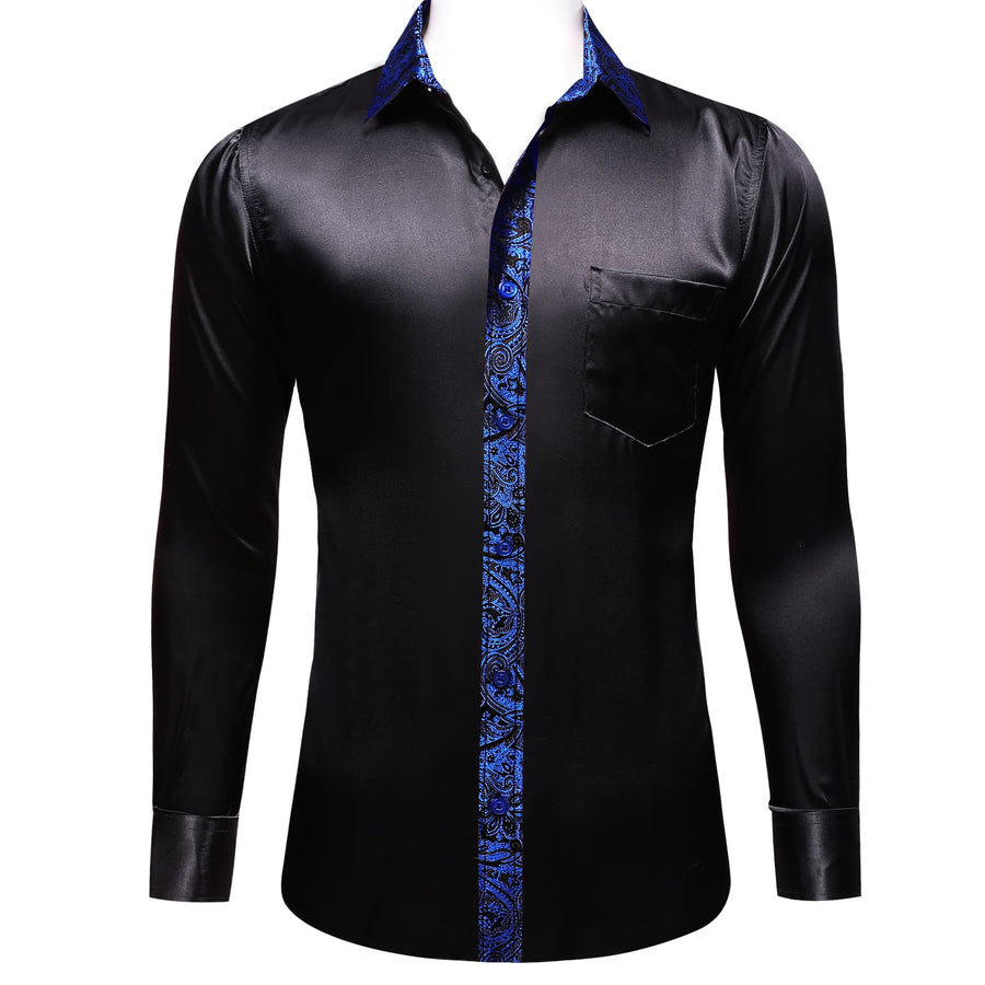 Black Solid Splicing Navy Blue Paisley Dress Shirt shirt    - Sophisticated Gentlemen