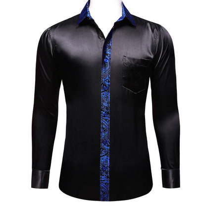 Black Solid Splicing Navy Blue Paisley Dress Shirt shirt    - Sophisticated Gentlemen