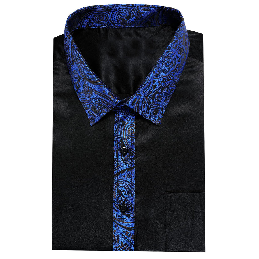 Black Solid Splicing Navy Blue Paisley Dress Shirt shirt    - Sophisticated Gentlemen