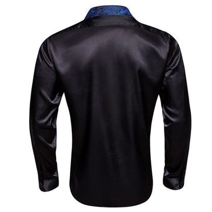 Black Solid Splicing Navy Blue Paisley Dress Shirt shirt    - Sophisticated Gentlemen