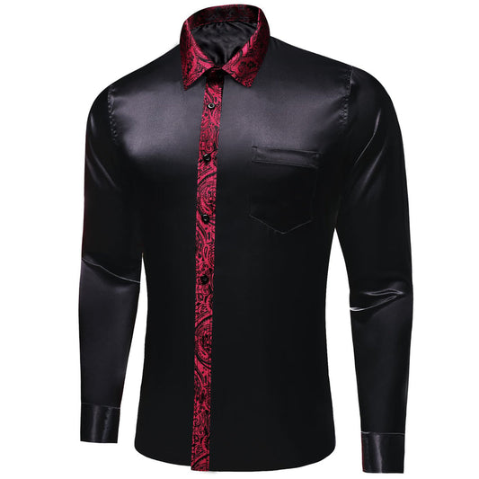 Black Solid Splicing Burgundy Paisley Dress Shirt shirt S   - Sophisticated Gentlemen