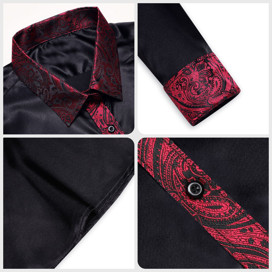 Black Solid Splicing Burgundy Paisley Dress Shirt shirt    - Sophisticated Gentlemen