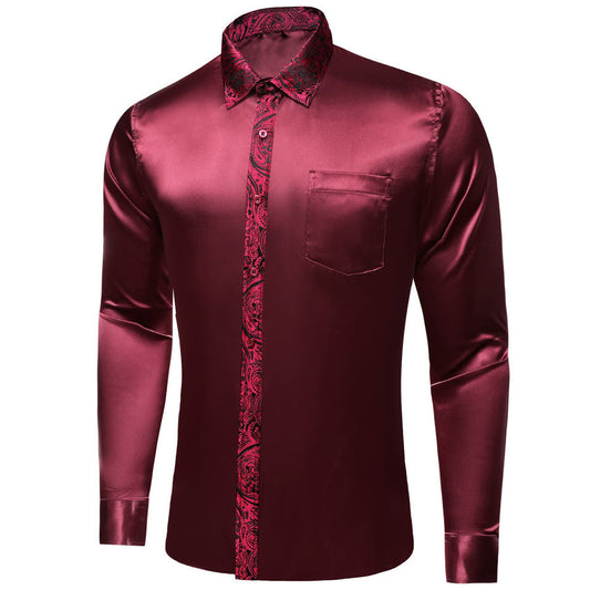 Burgundy Solid Splicing Paisley Dress Shirt shirt S   - Sophisticated Gentlemen