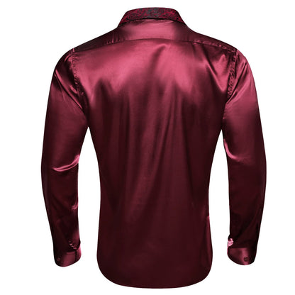 Burgundy Solid Splicing Paisley Dress Shirt shirt    - Sophisticated Gentlemen