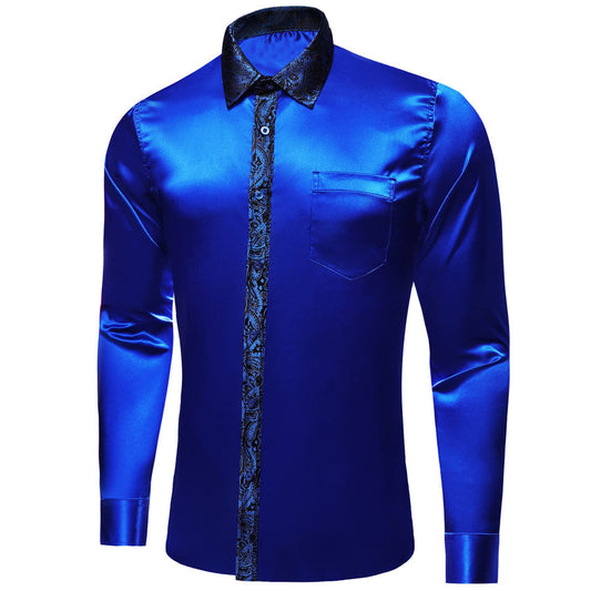 Cobalt Blue Solid Splicing Paisley Dress Shirt shirt S   - Sophisticated Gentlemen