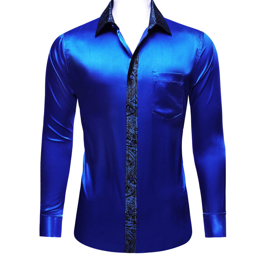 Cobalt Blue Solid Splicing Paisley Dress Shirt shirt    - Sophisticated Gentlemen
