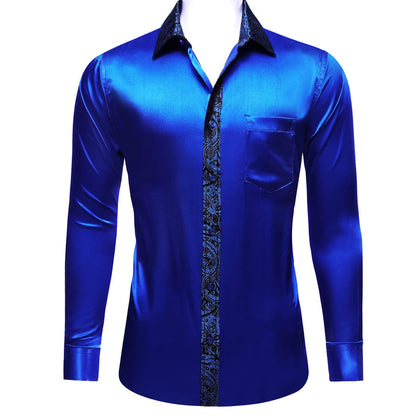 Cobalt Blue Solid Splicing Paisley Dress Shirt shirt    - Sophisticated Gentlemen
