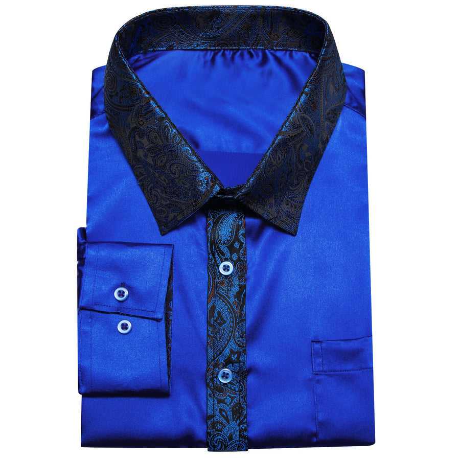 Cobalt Blue Solid Splicing Paisley Dress Shirt shirt    - Sophisticated Gentlemen