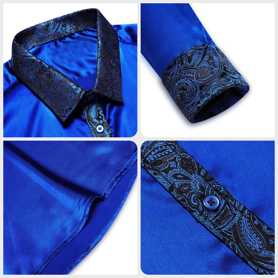 Cobalt Blue Solid Splicing Paisley Dress Shirt shirt    - Sophisticated Gentlemen