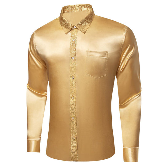 Canary Yellow Solid Splicing Paisley Dress Shirt shirt S   - Sophisticated Gentlemen
