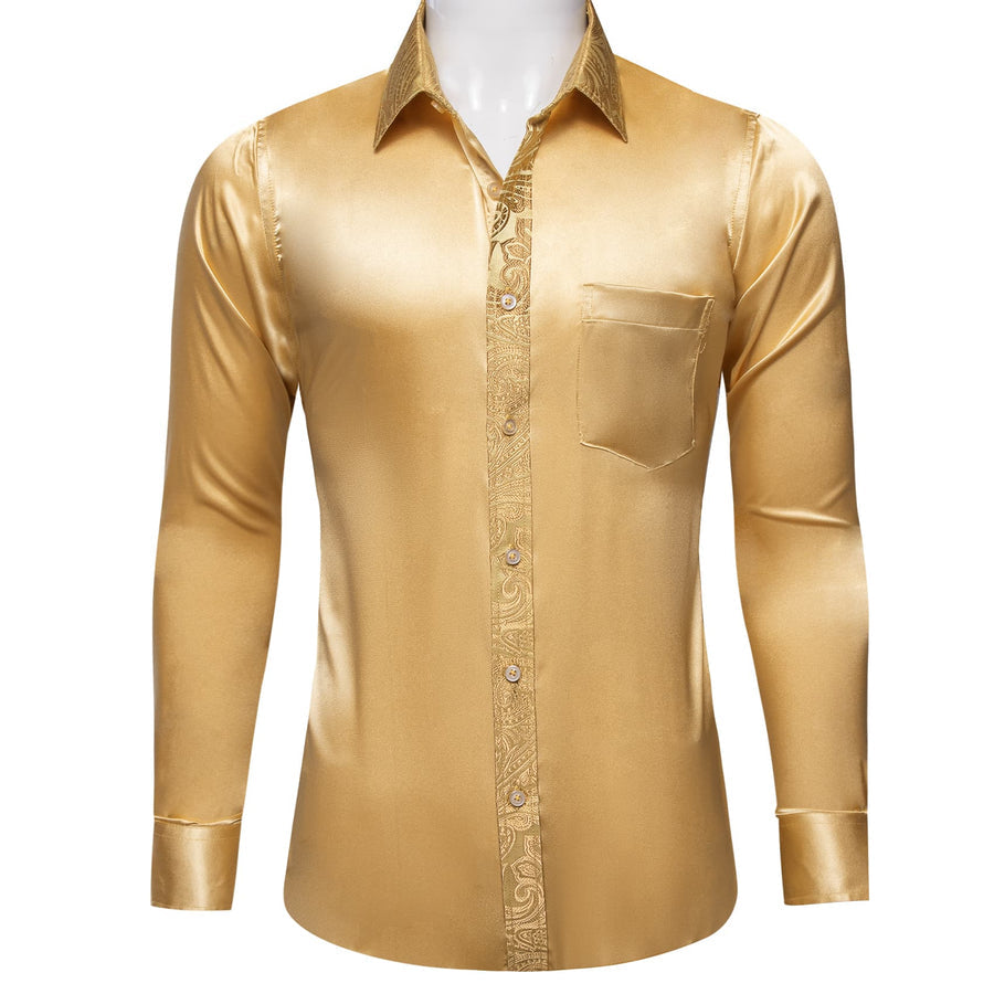 Canary Yellow Solid Splicing Paisley Dress Shirt shirt    - Sophisticated Gentlemen
