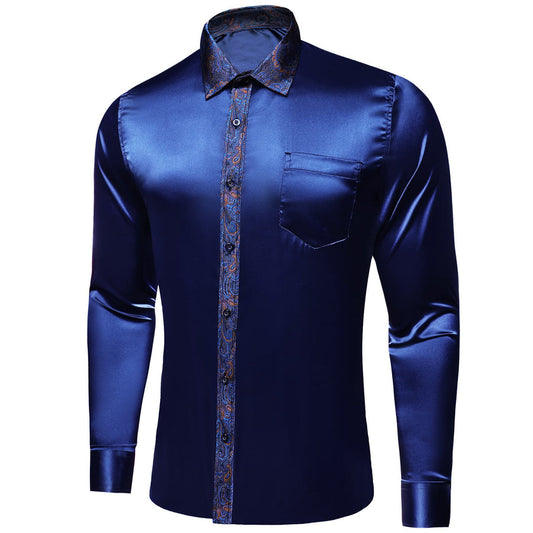 Navy Blue Solid Splicing Paisley Dress Shirt shirt    - Sophisticated Gentlemen