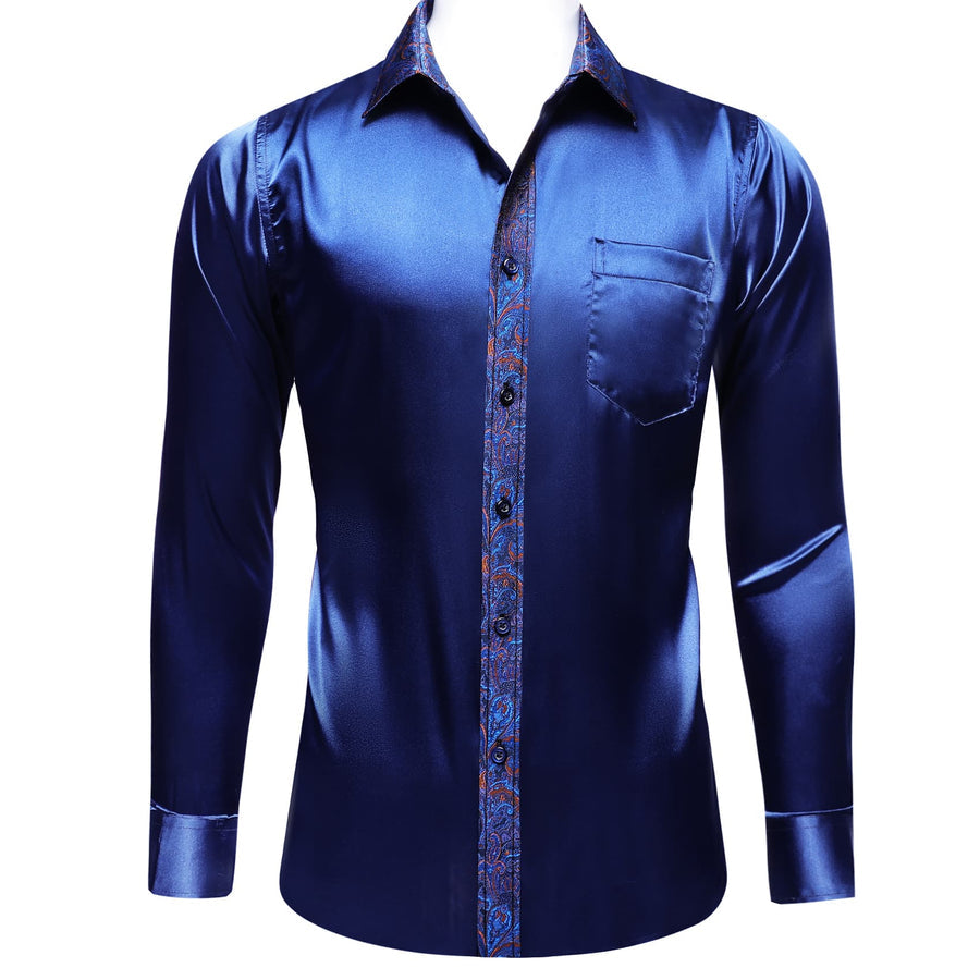 Navy Blue Solid Splicing Paisley Dress Shirt shirt    - Sophisticated Gentlemen