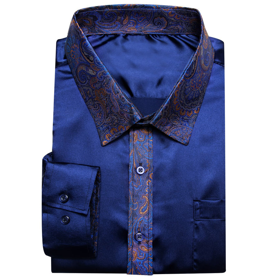 Navy Blue Solid Splicing Paisley Dress Shirt shirt    - Sophisticated Gentlemen
