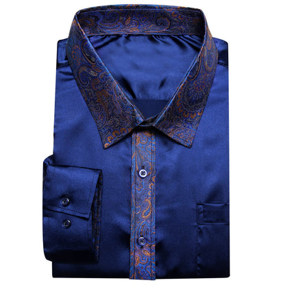 Navy Blue Solid Splicing Paisley Dress Shirt shirt    - Sophisticated Gentlemen