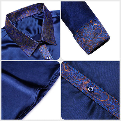Navy Blue Solid Splicing Paisley Dress Shirt shirt    - Sophisticated Gentlemen
